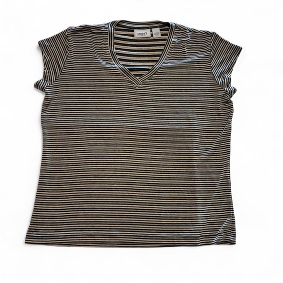Chico's Tops - Chicos Travelers Size 3 V Neck Knit T Shirt Stretch Breathable Stripe Black Gray
